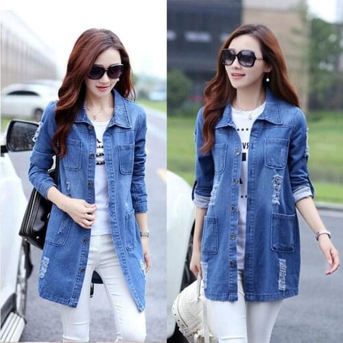 Plus Size S-5XL Basic Long Jeans Coats Women Ripped Denim Jacket Vintage Frayed Hole Outerwear Single-Breasted Windbreaker