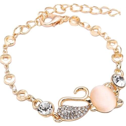 Women Fashion Alloy Rhinestone Cat Chain Charm Bracelet Bangle Jewelry Gift