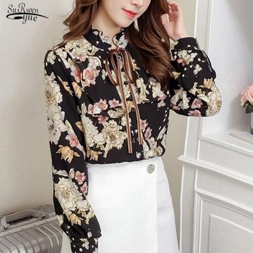 Korean Fashion Sweet Clothes 2021 Elegant Chiffon Bow Knot Floral Blouse Shirts Print Flower Ruffled Gentle Casual Tops 2822 50