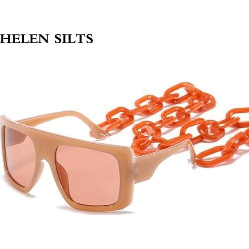 Ladies Oversized Goggle Square Sunglasses Women Vintage Manual Chain Sun Glasses For Female Shades Personality Clear Lens UV400