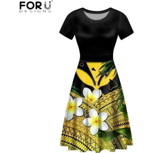 FORUSEDIGNS Fashion Trend Long Party Dress For Women Hawaiian Plumeria With Polynesian Printing Lady Short Sleeves Robe Mujer