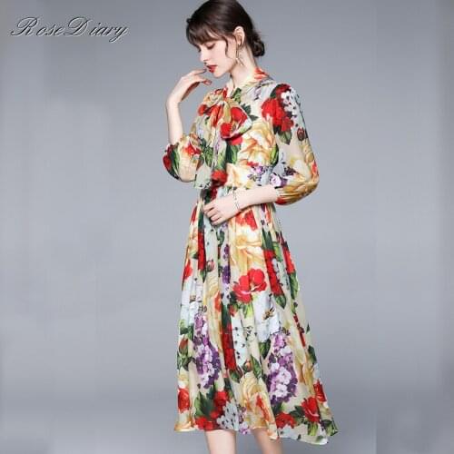 Runway Designer Pleated Maxi Dresses 2020 Women Blue and White Porcelain Print Bow Neck Vintage Floor Length Long Party Dress