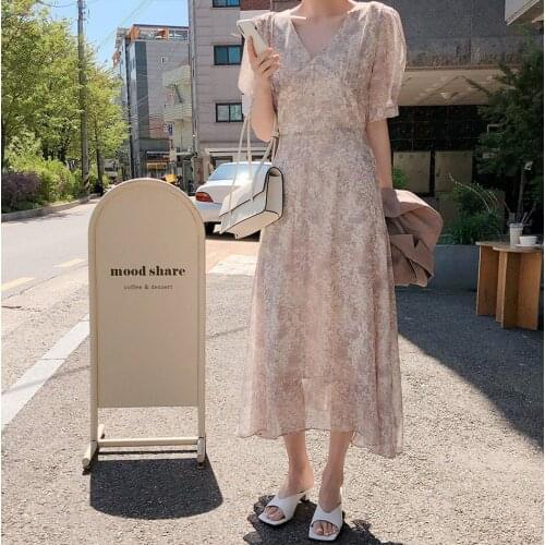 Floral Print Summer Dress Women V-Neck Short Sleeve Korean Party Dress Lace Up Long Midi Dress A-Line French Chiffon Dress