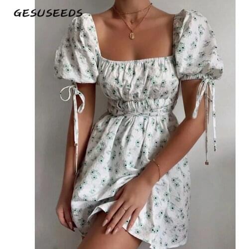 2020 Summer woman dress vintage short sleeve dresses sexy mini dress floral A line dresses square neck sashes dresses korean