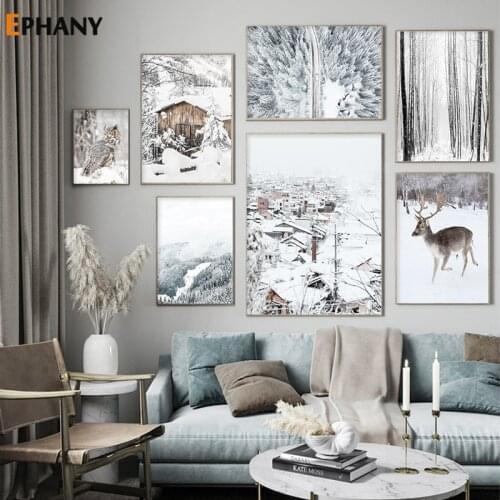 Winter Snow Forest Nature Landscape Canvas Painting Wild Animal Deer Owl Wall Art Nordic Print Poster Pictures for Living Room