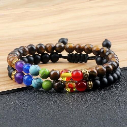 2Pcs/Set Couple 7 Chakra Bracelet 6MM Lava Matte Weathered Stone Bead Spacer Elastic Rope Braided Bangles Jewelry Set Gift Women