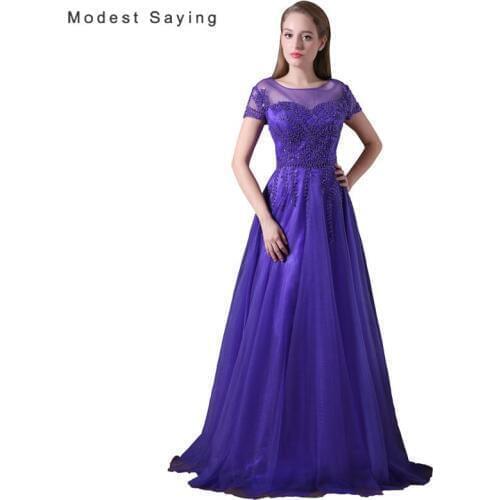 2018 Fashion Short Sleeves Evening Dresses with Beading Sexy See Through Evening Gowns A-Line Party Prom Gowns robe de soiree