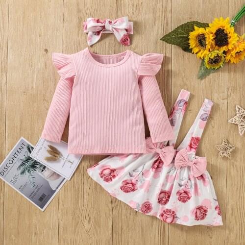3Pcs Princess Baby Girls Fall Casual Outfits Ribbed Ruffle Fly Sleeve Pullover+Flower Suspender Skirts+Headband Toddler Clothes