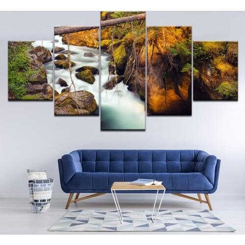 5 Pieces Frame Canvas Photo Prints Waterfall Woods Stone Wall Art Picture Canvas Paintings Home Decor Wall Artwork Paintings