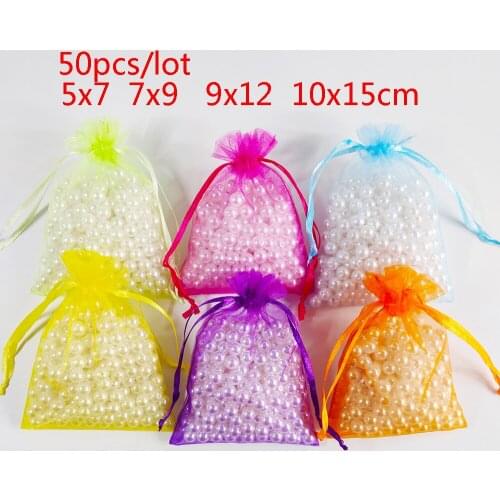 50pcs/Lot 5x7 7x9 9x12 10x15cm Organza Bags Jewelry Packaging Bags Wedding Party Decoration Drawable Bag Gift Pouches 24 Colors