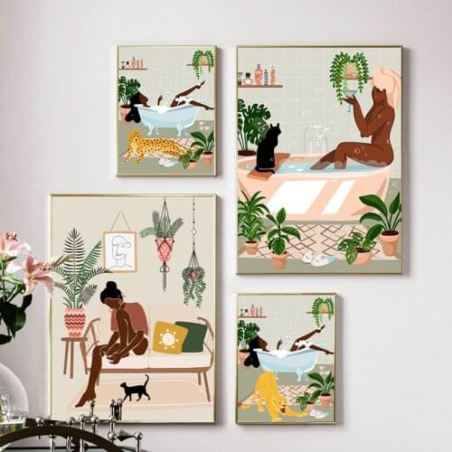 Bohemian Abstract Canvas Painting African Woman Fashion Girl Bathing Tropical Plants Poster and Board Painting Home Decoration