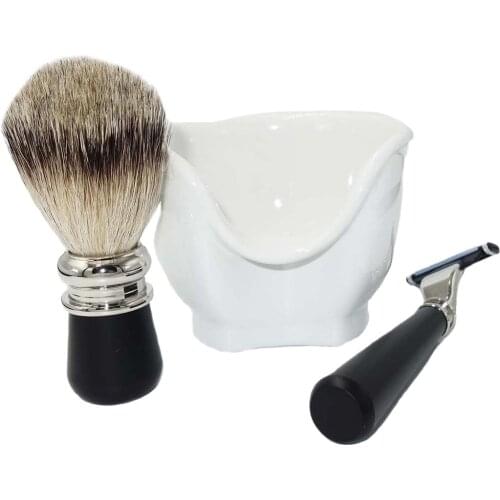 WLONG Pure Silvertip Badger Hair Beard and Mustache Brush Set Black Acrylic Resin Handles with White Porcelain Soap Dish