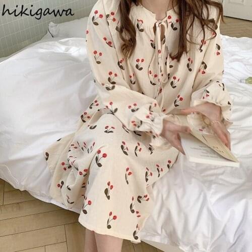 Hikigawa Korean Homewear Nightdress Women Cherry Print Tether Round Neck Long Sleeve Pajama Dress Sweet Loose Casual Robe Female
