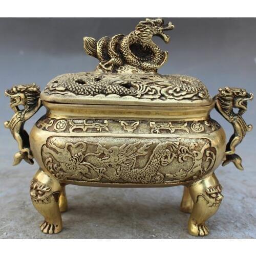 Chinese Bronze Carved Dragon Foo Fu Dog Lion Incense Burner Censer