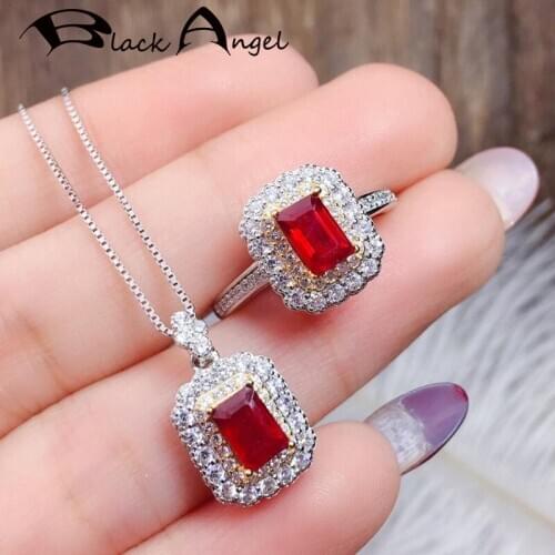 BLACK ANGEL Fashion 925 Silver Luxury Ruby Resizable Rings Necklace For Women Red Gemstone Jewelry Set Dropshipping Wedding Gift
