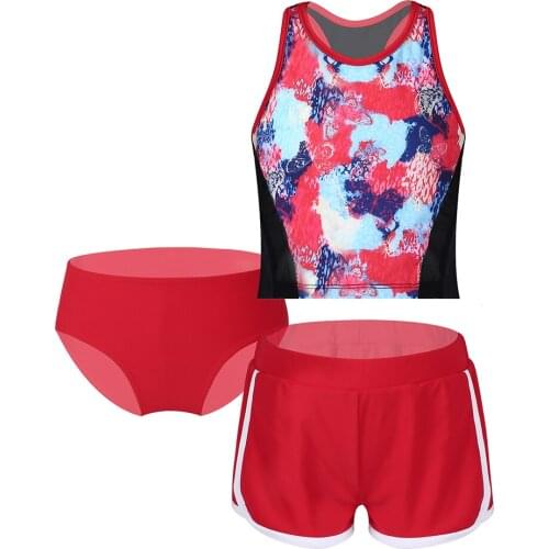 3Pcs Kids Girls Swimwear Sleeveless Print Tops Vest with Briefs and Shorts Set for Children Summer Swimming Beach Bathing Suit