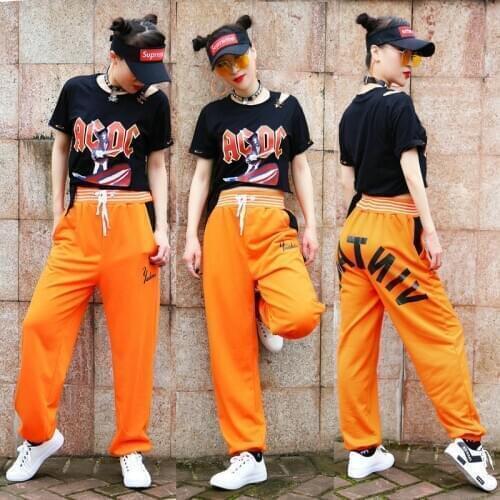 Hip Hop Dance Costume Adults Fashion Hole Short Sleeve Orange Pants Cheerleader Street Dancing Clothing Rave Stage Wear DT991