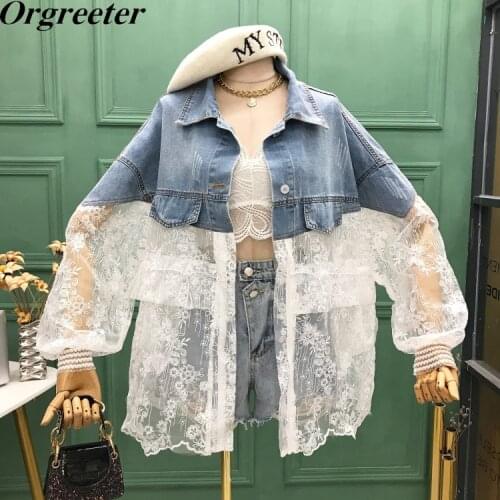 New Arrival Denim Jacket Women Summer Fall New Embroidery Lace Patchwork Adjustable Waist Loose Outwear Women Clothes