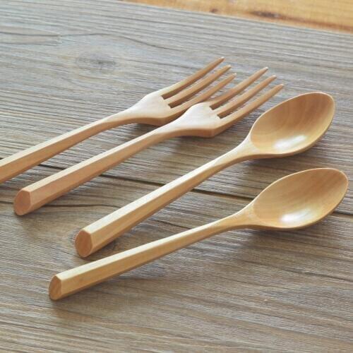 Beech Spoon Japanese Simple Style Natural Solid Color Creative Handle Wooden Spoon Fork Creative Kitchen Tableware