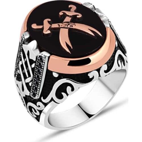 Onix Stone Over Couple Zulfiqar Sword Zircon Silver Men Ring
