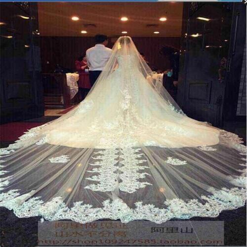 New 2019 Cathedral Wedding Veils with 5 Meter 500*300cm Special Lace Appliques Edge Bridal Veil Wedding Accessories Wedding Veil