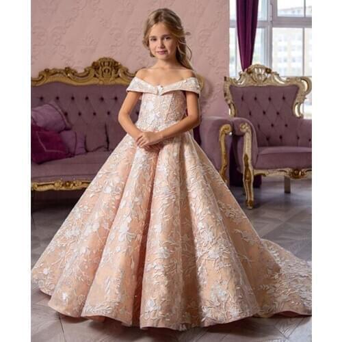 Off Shoulder Champagne Flower Girls Dresses Ball Gowns Elegant Girls Princess Birthday Dress Ball Gowns Handmade Custom