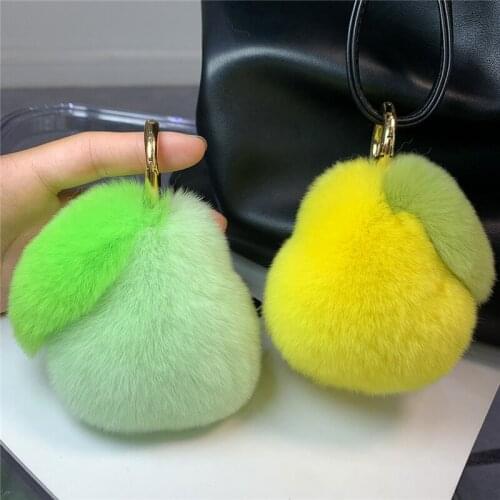 Plush Real Fur Keychain Rex Rabbit Fruit Pear Cute Soft Toy Kids Handbag Pendant Women Car Key Hanging Chain Rings Ornaments