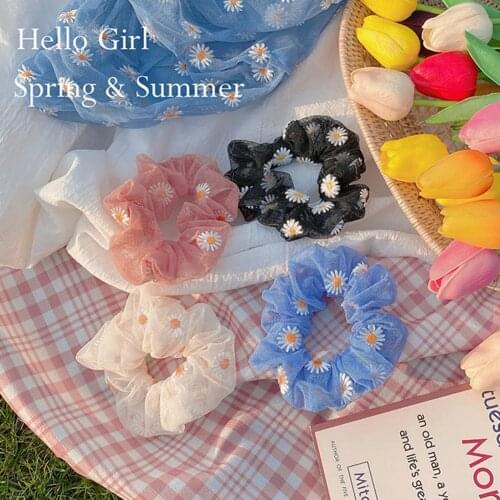 Rubber Band Rope Elastic Girls Scrunchies Ponytail Holder Yellow Daisy Floral Thin Mesh Hair Rope Hair Bands Ties Accessories