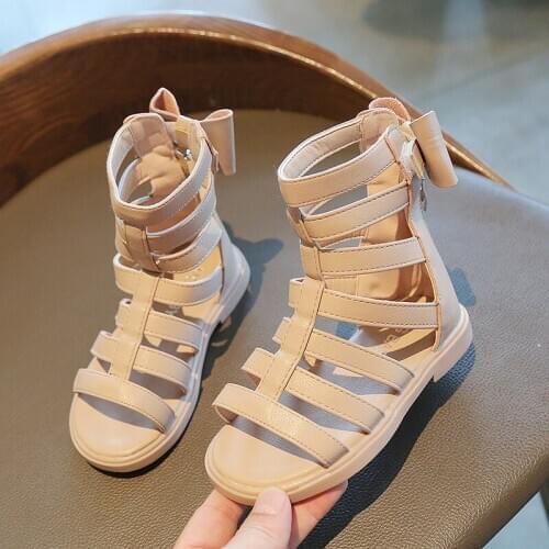 Girls' Roman Shoes 2021 Summer New Bow Girls Princess Sandals Solid Color Children Casual Rubber Sole Shoes Zip Flats 21-30 E504