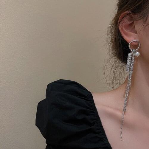 Trendy Crystal Silver Color Dangle Earrings for Women Zircon Pearl Chain Long Hanging Earrings Korean Fashion Wedding Jewelry