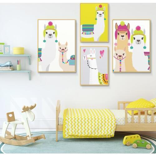 Cute Colorful Llama Family Wall Art Print Nursery Canvas Painting Tropical Cactus Posters Kids Playroom Bedroom Decor Picture