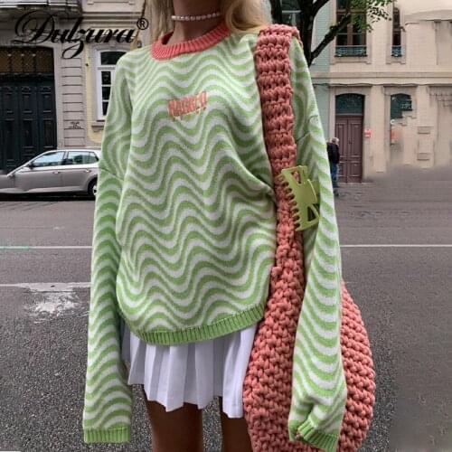 Dulzura Letter Embroidery Wave Print Women Long Sleeve Sweater Pullover Loose Oversized Casual 2021 Autumn Winter Tops