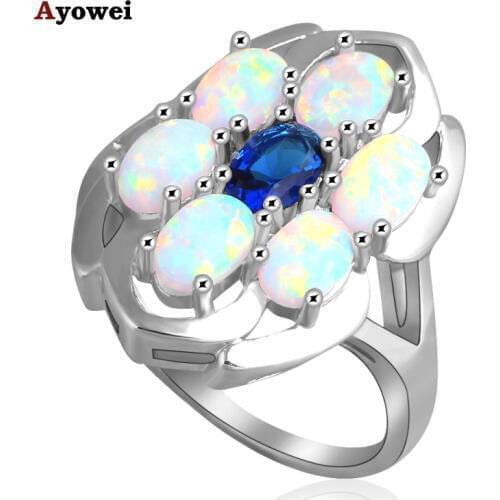 Top Quality Australia Zircon Blue Zircon Six White fire Opals Silver Stamped fashion jewelry Rings USA size #6#7#8#9 OR652A