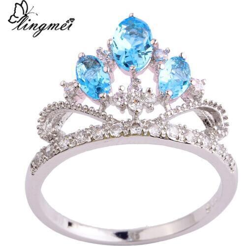 Lingmei Fashion Jewelry Crown Blue cz & White CZSilver Color Ring Size 6-9 10 11 Posh Women Drop Ship Wholesale