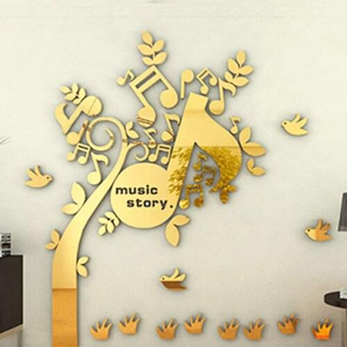 Mirror Gold Sliver Wall Sticker Music Note Tree Mural For Music Room Wall Background Layout Decal 3d Diy Removable Kids Bedroom