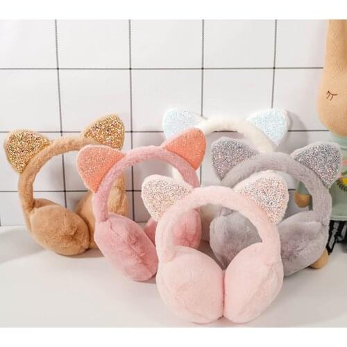 Women Winter Earmuffs Faux Fur Cute Cat Girl Ear Warmer Sequin Rhinestone Glitter Earlap Fashion Earmuffs Accessories
