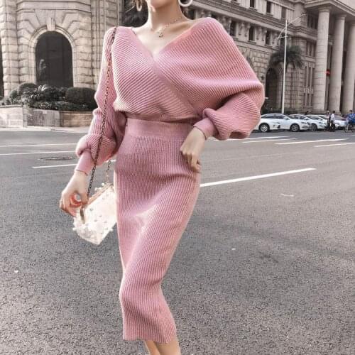 Spring 2020 New Bright Color Knitting Set Two Piece V-neck Pullovers Sweater Tops +Knitted Midi Skirt For Women Feme Jumpers
