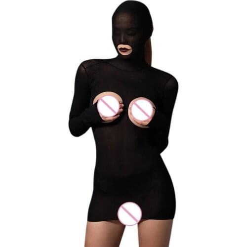 Breathable Open Chest And Butt Tight Seamless Mini Dress Underwear Long Sleeves Sexy Costume Outfit Women Outwear Нижнее Белье