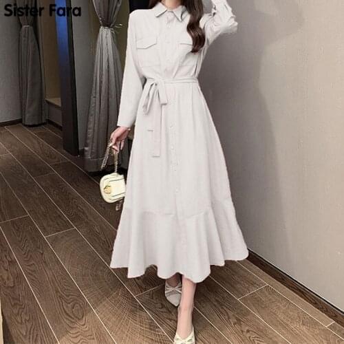 Sister Fara Autumn Plus Size Lace Up Womens Dress Long Turn-down Collar Mermaid Dress Winter Ladies Solid Ankle-Length Dresses