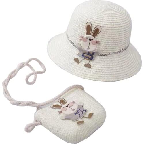2021 Baby Summer Straw Hat Girl Kids Holiday Beach Bucket Hats Children Bunny Cap Sun Hat Shoulder Handbag Bag Props Gift Y1QF