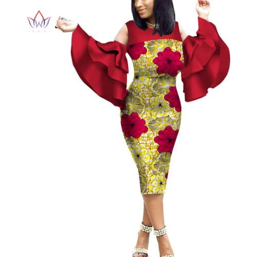 African Ankara Cotton Print Dresses for Women BINTAREALWAX Flare Sleeves Mid-calf Length Dress Women Pencil Party Dress WY2056