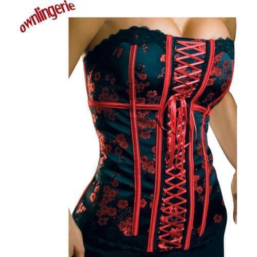 Free shipping embroidery red micro flower corset black ground,rope cross women corset clsap right,lace up back,size s-2xl