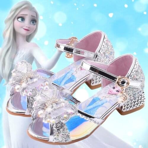 Disney Frozen Elsa Children Kids Leather Shoes For Girl Summer Flower Fish Mouth Crystal Sandals Children High Heel Girls Shoes