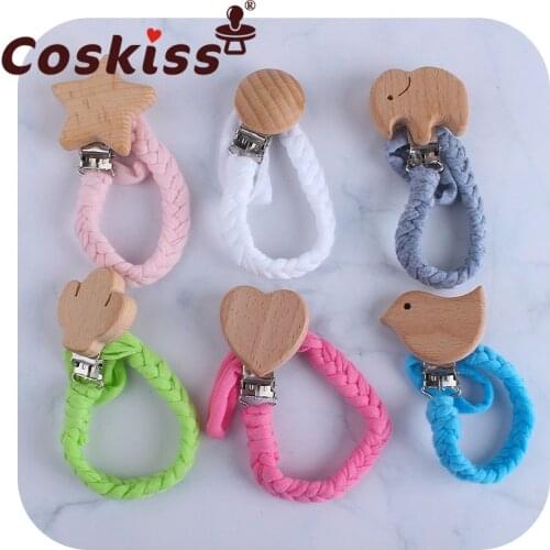 Coskiss New Beech Wood Cartoon Animal Pacifier Clip DIY Baby Creative Hand-woven Pacifier Chain Pacifier Rope Teeth Gift