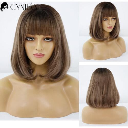 Medium Ombre Brown Straight Daily Synthetic Wig For Black White Women Natural Fiber Heat Resistant Hair Cosplay Female Wigs