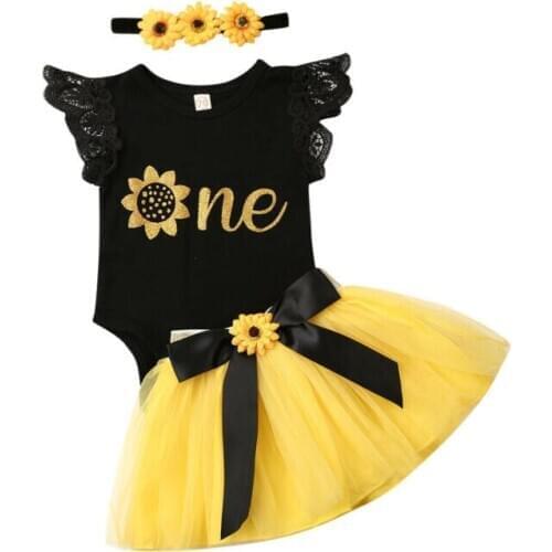 3Pcs Newborn Baby Girl Fly Sleeve Floral Birthday Romper Tutu Tulle Skirt Princess Outfits Clothing Flower Headband Summer 0-18M