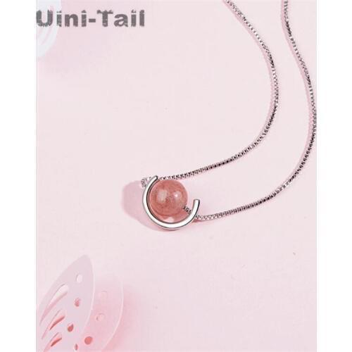 Uini-Tail Hot New 925 Sterling Silver Strawberry Crystal Necklace Pink Wafer Bead Pendant Korean Fashion Tide Flow High Quality