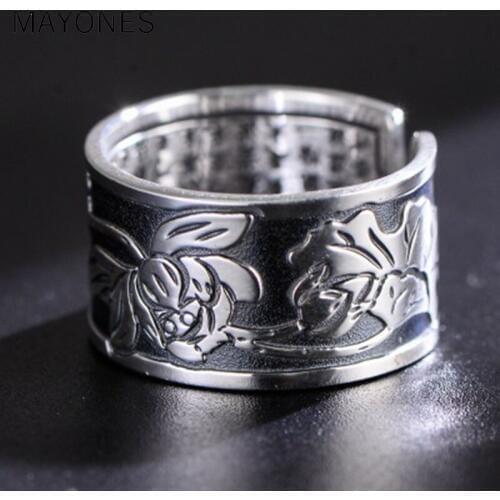 MAYONES 100% Real 999 Pure Silver Lotus Flower Buddhistic Heart Sutra Rings for Women Men Gift Religious Jewelry Anillos