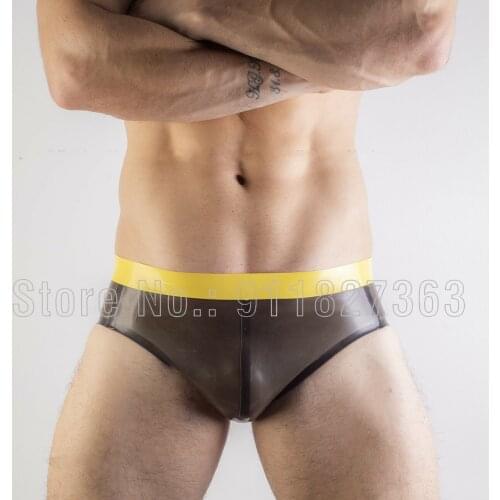 Mens 100% Latex Hot Pants Sexy Shorts Full Back Rubber Briefs Contrast Colour Waistband Transparent Black w Yellow Trim