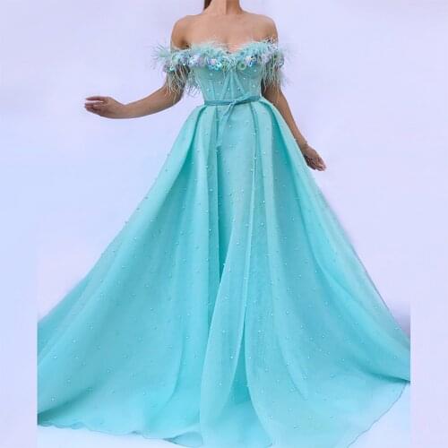 2021 Latest Charming A Line Aqua Prom Party Dresses Sweetheart Corset Bodice Flowers Bow Belt Wedding Party Gowns Feather Pearls